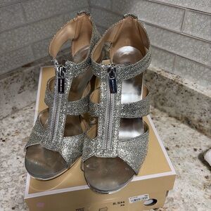 MICHAEL Michael Kors Silver Glitter Zip-Front Strappy Heels